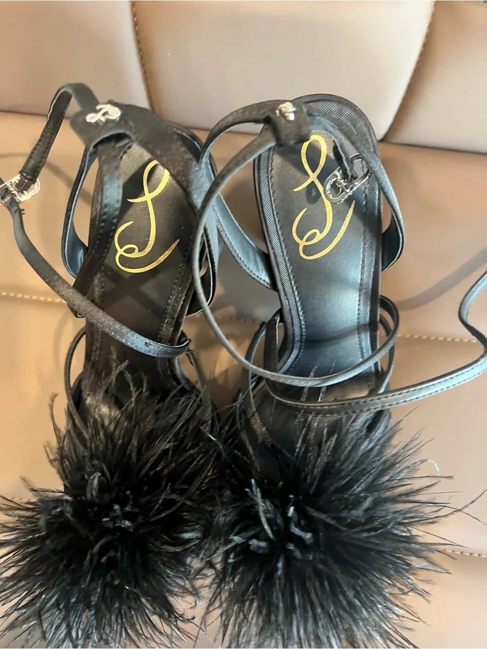 Sam Edelman Black Feather Pom-Pom Strappy Heels - Elegant Evening Sandals